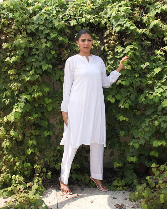 Linen White Two-Piece Indian Suit for Women
